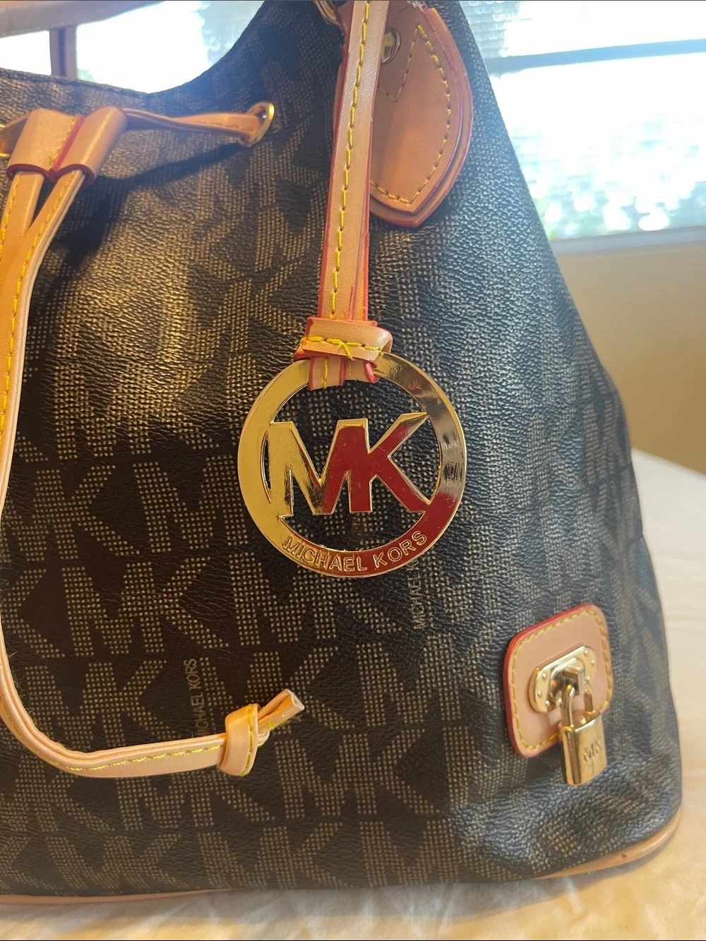 Michael Kors Black Logo Drawstring Shoulder Bag with Tan Trim